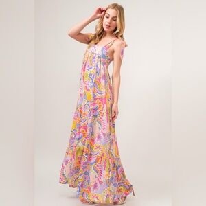 And The Why Printed Tie Shoulder Tiered Maxi Dress